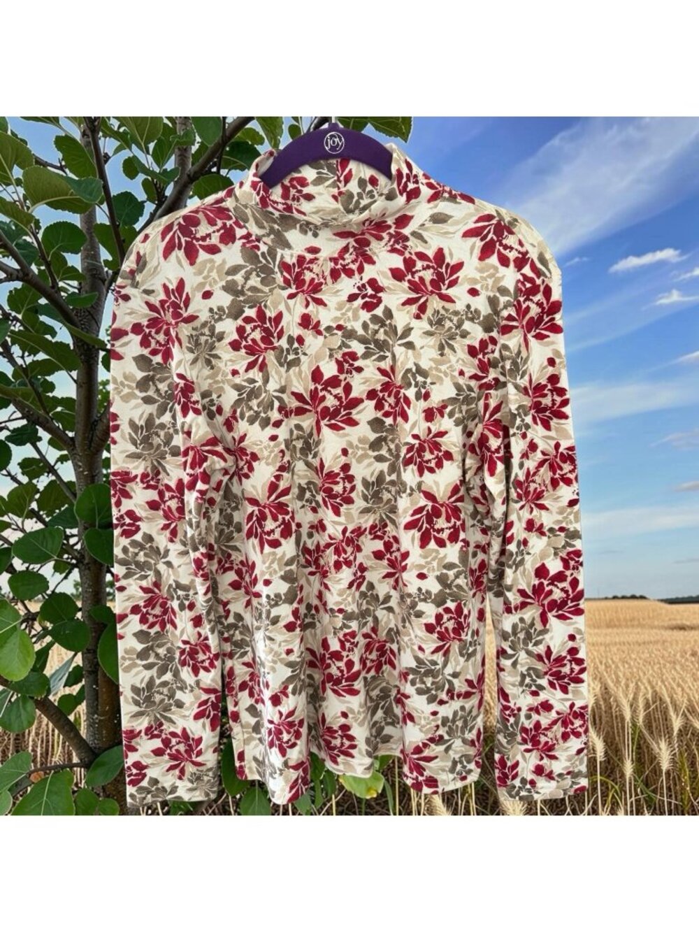 Karen Scott Cream/Multicolor Floral Mock Neck Long Sleeve Top-Size Medium-NWT